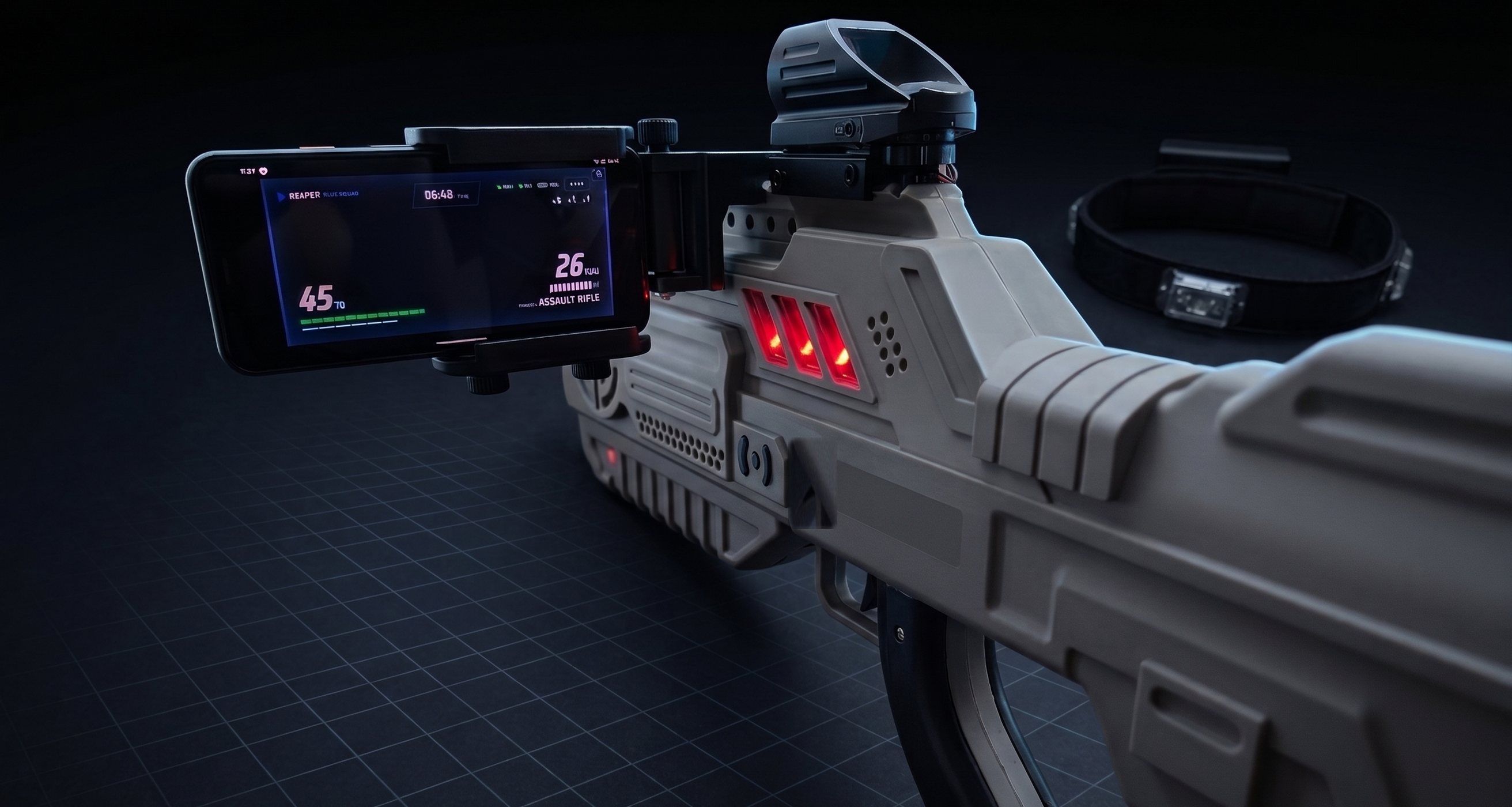A BRX tagger with a phone mounted on the rail, the HUD live, headset beside it
