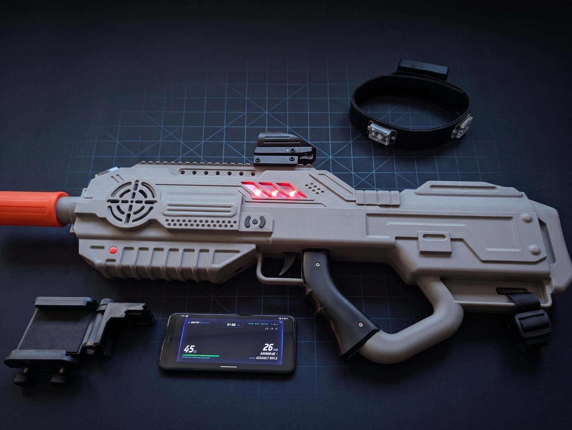 The kit laid out: BRX tagger, headset, phone with the HUD, and the rail mount