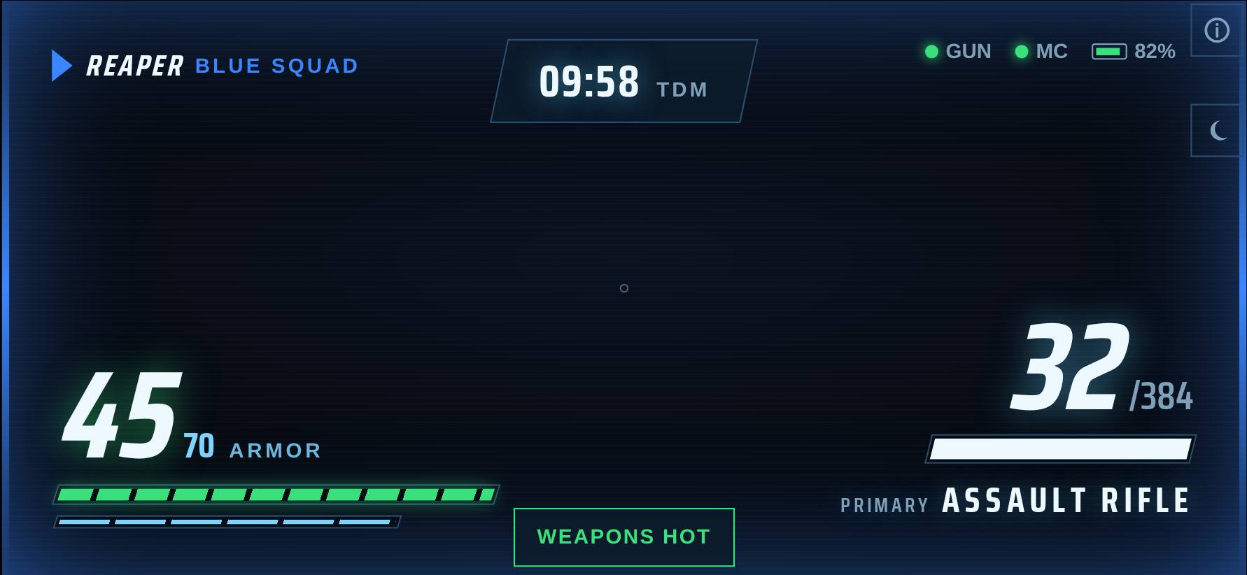 Live HUD: health, rounds, the match clock, weapons hot