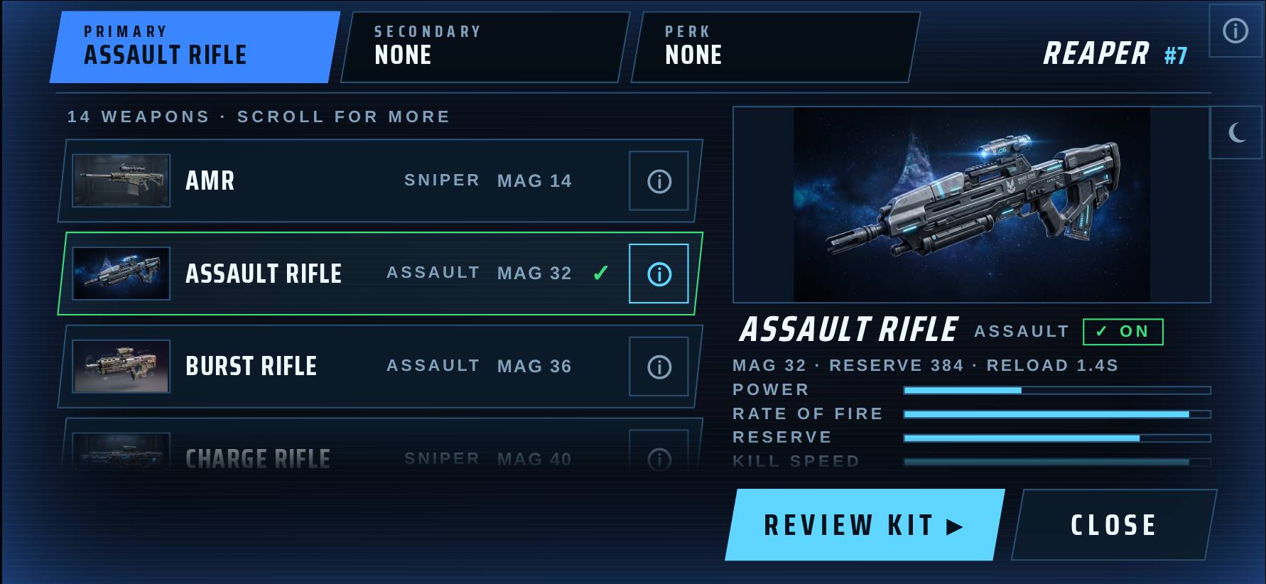 Loadout picker: browse the arsenal and try a weapon on the real tagger