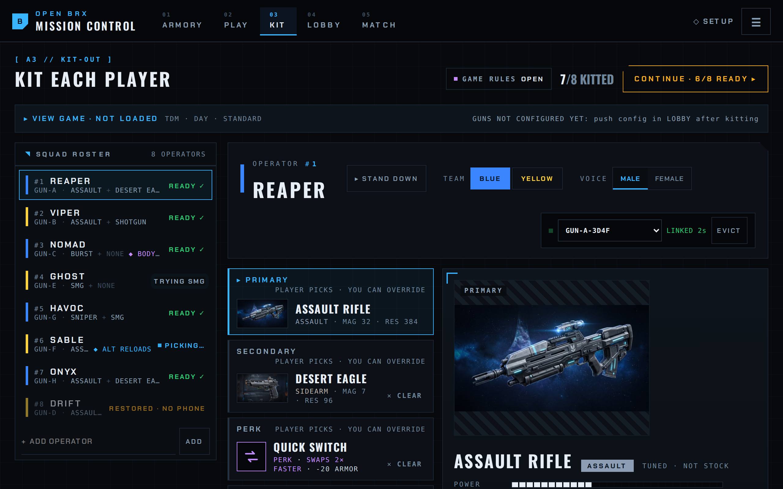 Kit: assign taggers, teams and loadout policy